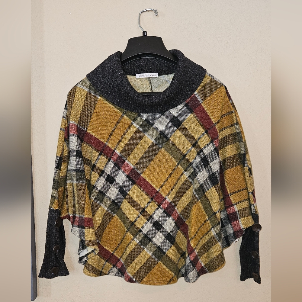 Chris & Carol Plaid Poncho Sweater in Mustard, Black & Red